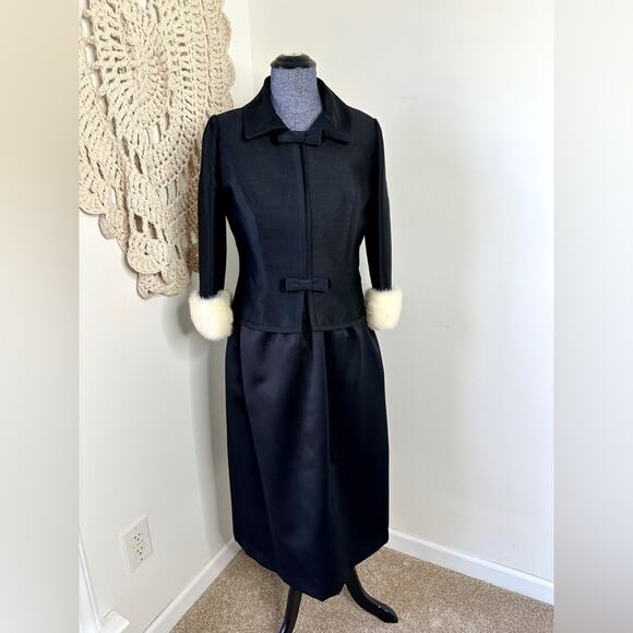 Vintage Dresses & Skirts - Vintage 1960s Cos Cob Black Bow Tailored Skirt Set With Fur Cuffs